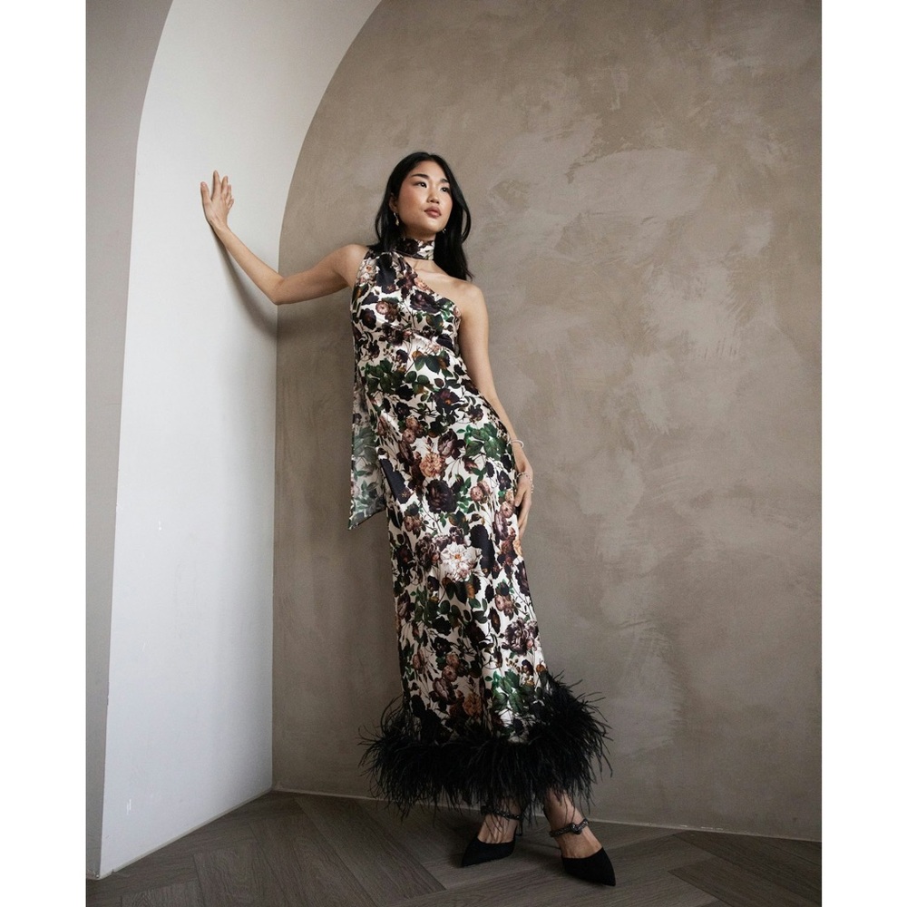 Liya Asymmetric Silky Maxi Dress With Faux Feather